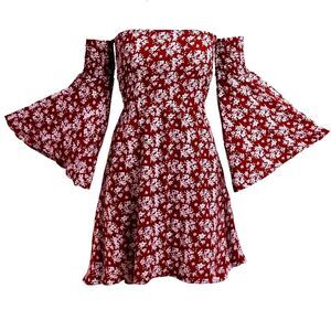 ONEYIM Burgundy Floral Print Long Sleeve Off The Shoulder Summer Dress